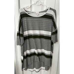 LuLaRoe Irma Tunic Top Womens Large Olive Green White Striped HighLow Knit Shirt